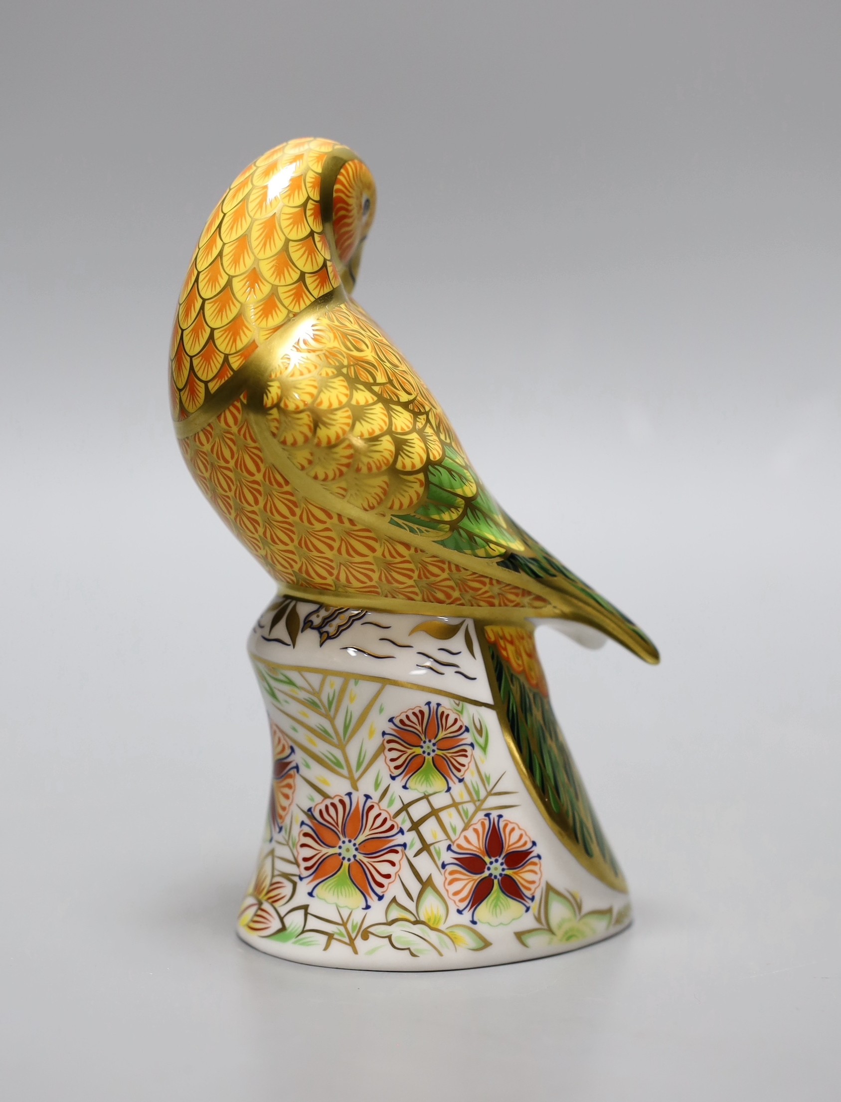 A Royal Crown Derby paperweight - Sun Parakeet, gold stopper, boxed, no certificate.